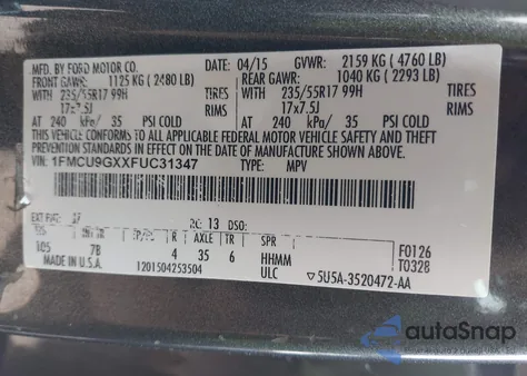 2015 Ford Escape Se z USA, uszkodzony, nr VIN 1FMCU9GXXFUC31347